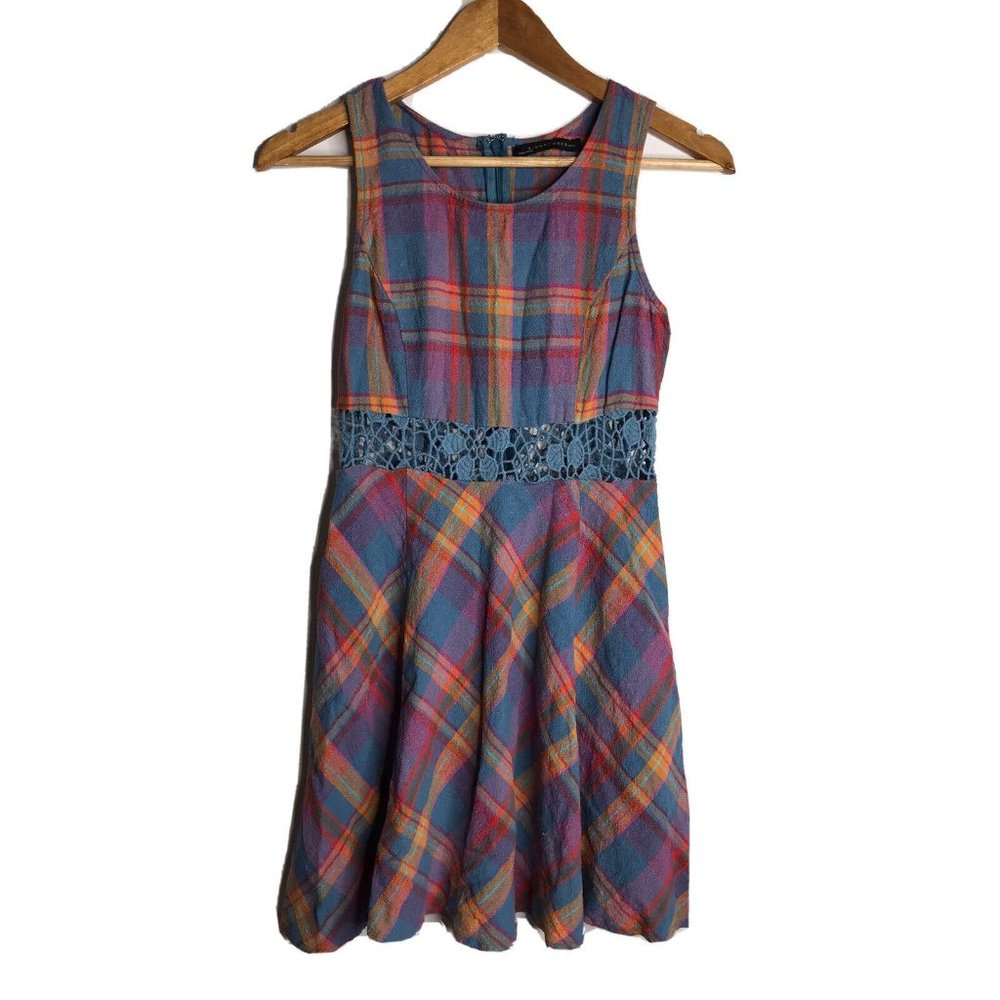 Signatures Women's Juniors Size Small Plaid Crochet Linen Cotton Dress